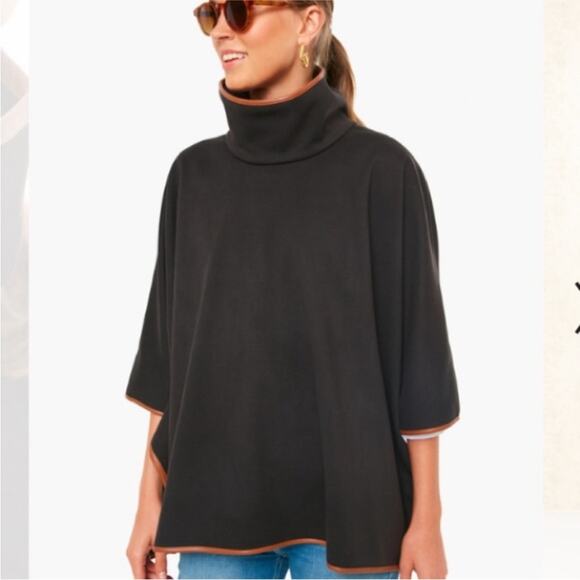 Tuckernuck Piper Poncho One Size Black Brown Leather Trim Funnel Neck - Picture 14 of 14